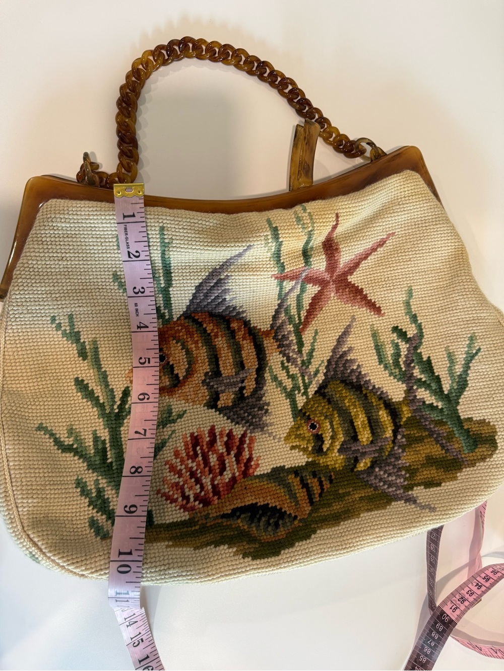 Vintage Embroidered Fish Motif Shoulder Bag Handle Bag - Beige - Picture 13 of 16